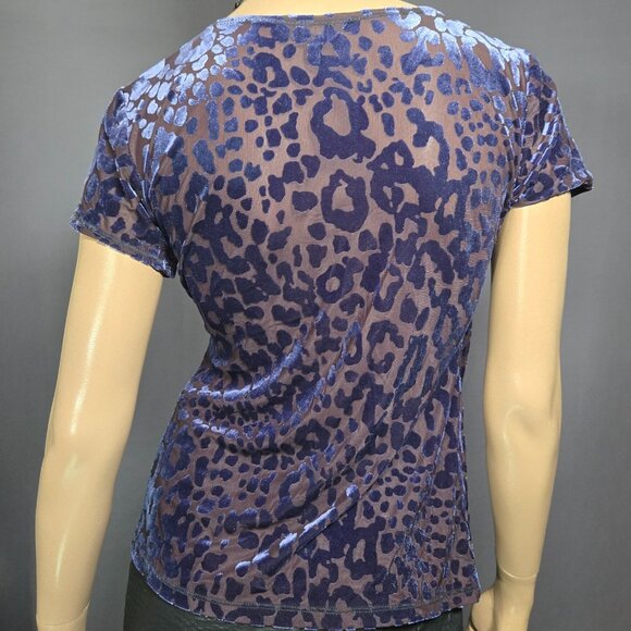 Y2K Blue Leopard Flocked Velvet Burnout Sheer Mesh Top Size M V Neck - Picture 7 of 11
